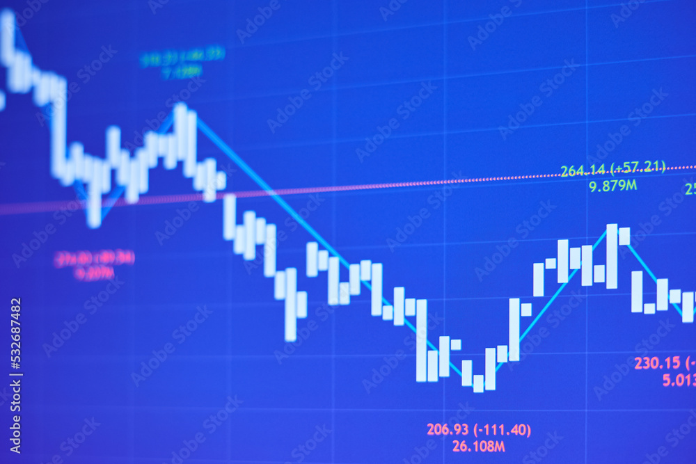 Falling stock market chart on blue background Falling stock market chart on blue background