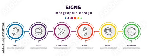 signs infographic template with icons and 6 step or option. signs icons such as ceres, quotes, is greater than, reason, internet, exclamation vector. can be used for banner, info graph, web,