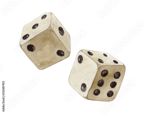 Top view of two watercolor vintage dices isolated on white