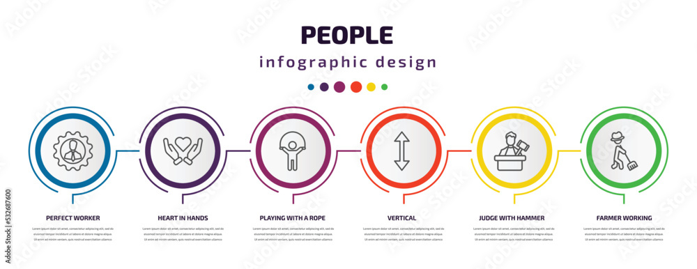 people infographic template with icons and 6 step or option. people icons such as perfect worker, heart in hands, playing with a rope, vertical, judge with hammer, farmer working vector. can be used people infographic template with icons and 6 step or option. people icons such as perfect worker, heart in hands, playing with a rope, vertical, judge with hammer, farmer working vector. can be used