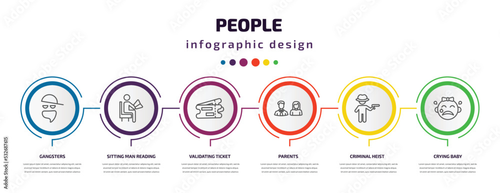 people infographic template with icons and 6 step or option. people icons such as gangsters, sitting man reading, validating ticket, parents, criminal heist, crying baby vector. can be used for people infographic template with icons and 6 step or option. people icons such as gangsters, sitting man reading, validating ticket, parents, criminal heist, crying baby vector. can be used for