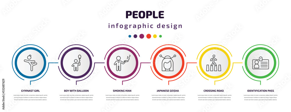 people infographic template with icons and 6 step or option. people icons such as gymnast girl, boy with balloon, smoking man, japanese geisha, crossing road, identification pass vector. can be used people infographic template with icons and 6 step or option. people icons such as gymnast girl, boy with balloon, smoking man, japanese geisha, crossing road, identification pass vector. can be used