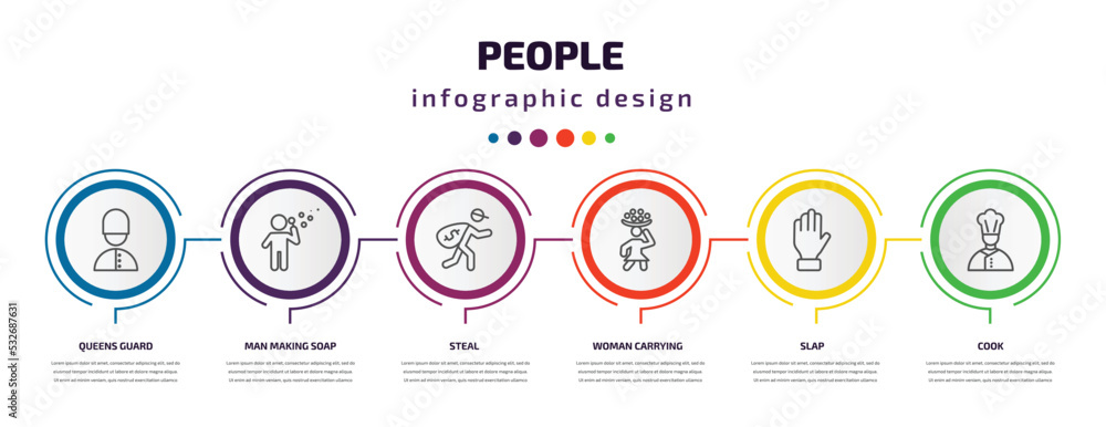 people infographic template with icons and 6 step or option. people icons such as queens guard, man making soap bubbles, steal, woman carrying, slap, cook vector. can be used for banner, info graph, people infographic template with icons and 6 step or option. people icons such as queens guard, man making soap bubbles, steal, woman carrying, slap, cook vector. can be used for banner, info graph,