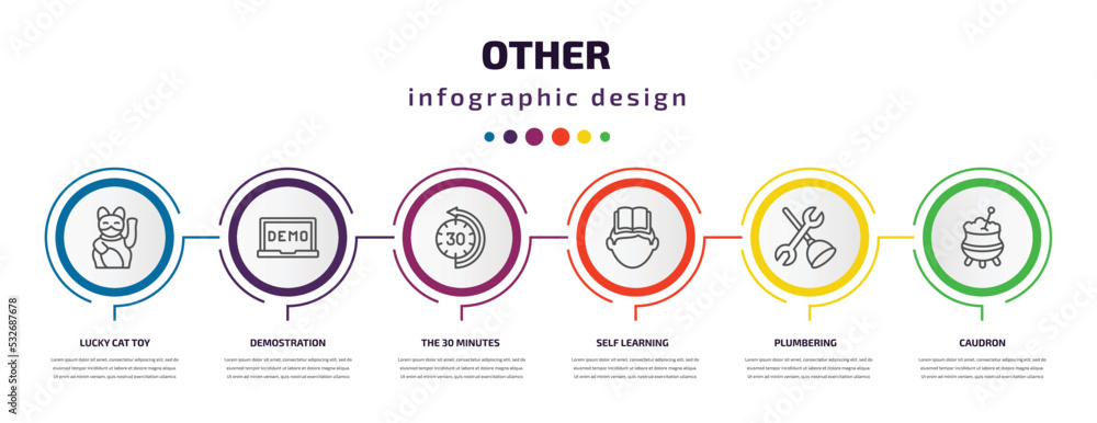 other infographic template with icons and 6 step or option. other icons such as lucky cat toy, demostration, the 30 minutes, self learning, plumbering, caudron vector. can be used for banner, info other infographic template with icons and 6 step or option. other icons such as lucky cat toy, demostration, the 30 minutes, self learning, plumbering, caudron vector. can be used for banner, info