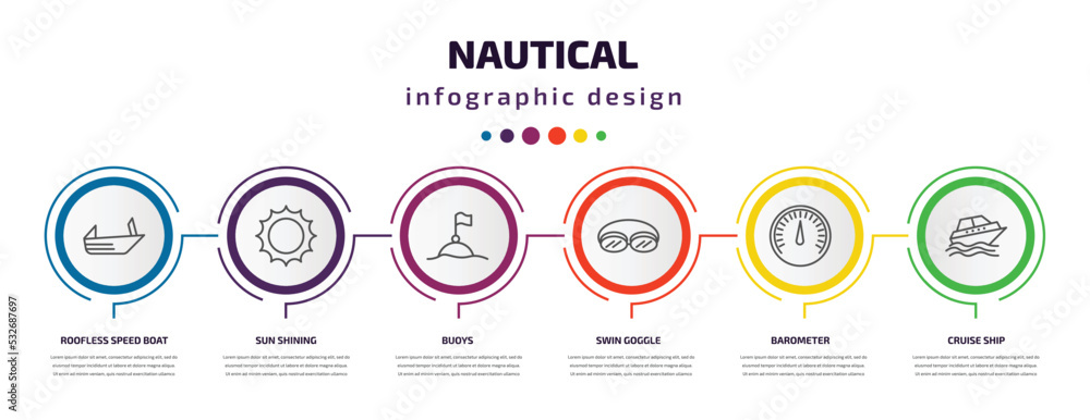 nautical infographic template with icons and 6 step or option. nautical icons such as roofless speed boat, sun shining, buoys, swin goggle, barometer, cruise ship vector. can be used for banner, nautical infographic template with icons and 6 step or option. nautical icons such as roofless speed boat, sun shining, buoys, swin goggle, barometer, cruise ship vector. can be used for banner,