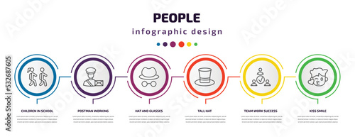 people infographic template with icons and 6 step or option. people icons such as children in school, postman working, hat and glasses, tall hat, team work success, kiss smile vector. can be used