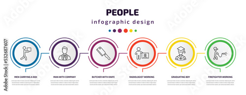 people infographic template with icons and 6 step or option. people icons such as men carrying a box, man with company, butcher with knife, radiologist working, graduating boy, firefighter working