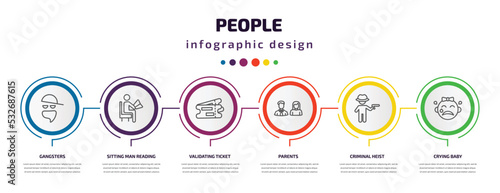 people infographic template with icons and 6 step or option. people icons such as gangsters, sitting man reading, validating ticket, parents, criminal heist, crying baby vector. can be used for