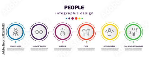 people infographic template with icons and 6 step or option. people icons such as student books, couple of glasses, knocking, torso, getting dressed, flag semaphore language vector. can be used for