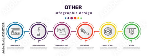 other infographic template with icons and 6 step or option. other icons such as paragraph aa, smeaton's tower, sea business card, pipe wrench, roulette table, blazon vector. can be used for banner,
