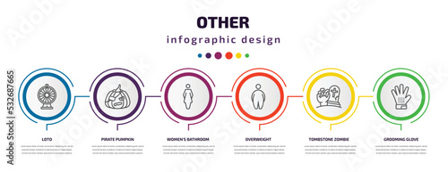 other infographic template with icons and 6 step or option. other icons such as loto, pirate pumpkin, women's bathroom, overweight, tombstone zombie hand, grooming glove vector. can be used for