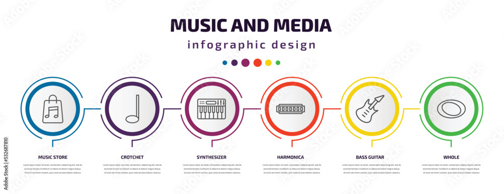 music and media infographic template with icons and 6 step or option. music and media icons such as music store, crotchet, synthesizer, harmonica, bass guitar, whole vector. can be used for banner,