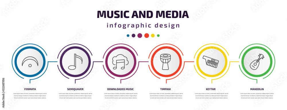 music and media infographic template with icons and 6 step or option. music and media icons such as fermata, semiquaver, downloaded music cloud, timpani, keytar, mandolin vector. can be used for music and media infographic template with icons and 6 step or option. music and media icons such as fermata, semiquaver, downloaded music cloud, timpani, keytar, mandolin vector. can be used for