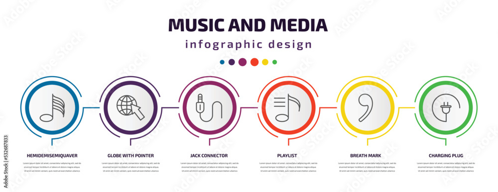 music and media infographic template with icons and 6 step or option. music and media icons such as hemidemisemiquaver, globe with pointer, jack connector, playlist, breath mark, charging plug music and media infographic template with icons and 6 step or option. music and media icons such as hemidemisemiquaver, globe with pointer, jack connector, playlist, breath mark, charging plug