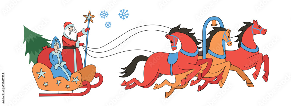 Three horses. Russian Santa Claus standing on a sleigh with Granddaughter snow maiden. Vector illustration on a white background. Retro style.