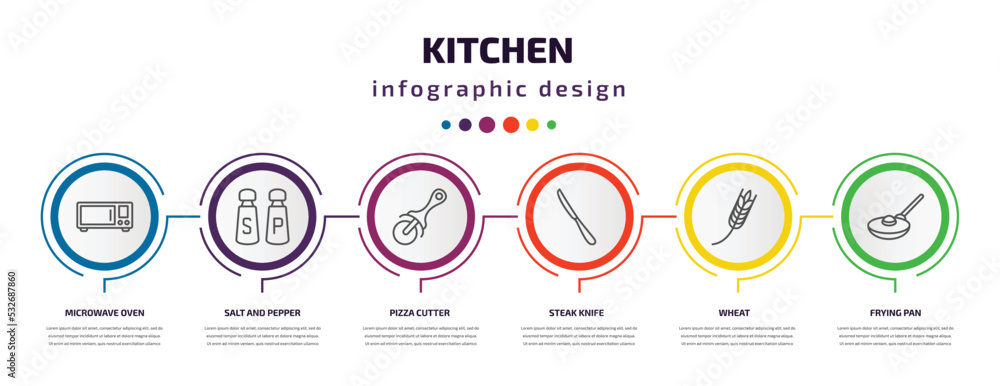 kitchen infographic template with icons and 6 step or option. kitchen icons such as microwave oven, salt and pepper, pizza cutter, steak knife, wheat, frying pan vector. can be used for banner, info