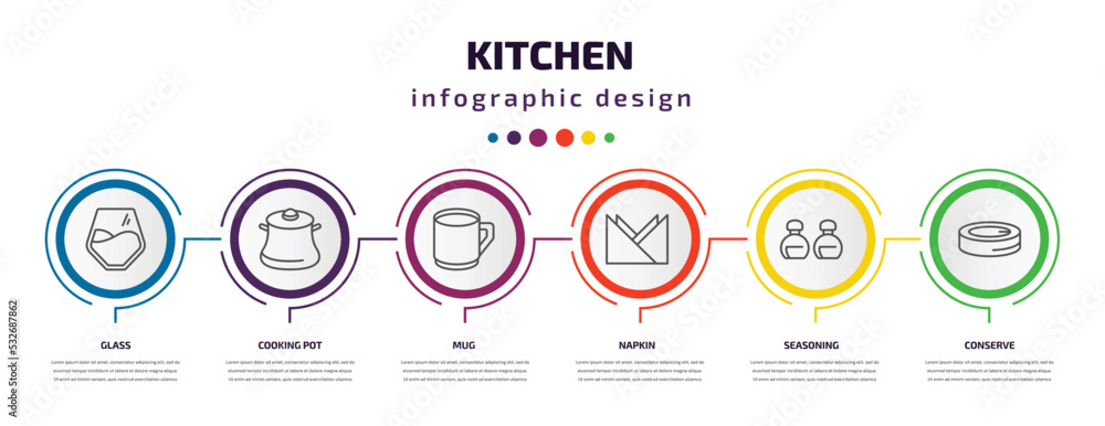kitchen infographic template with icons and 6 step or option. kitchen icons such as glass, cooking pot, mug, napkin, seasoning, conserve vector. can be used for banner, info graph, web, kitchen infographic template with icons and 6 step or option. kitchen icons such as glass, cooking pot, mug, napkin, seasoning, conserve vector. can be used for banner, info graph, web,