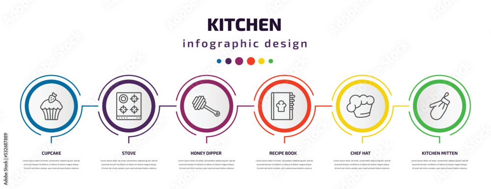 kitchen infographic template with icons and 6 step or option. kitchen icons such as cupcake, stove, honey dipper, recipe book, chef hat, kitchen mitten vector. can be used for banner, info graph, kitchen infographic template with icons and 6 step or option. kitchen icons such as cupcake, stove, honey dipper, recipe book, chef hat, kitchen mitten vector. can be used for banner, info graph,