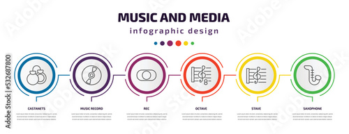music and media infographic template with icons and 6 step or option. music and media icons such as castanets, music record, rec, octave, stave, saxophone vector. can be used for banner, info graph,