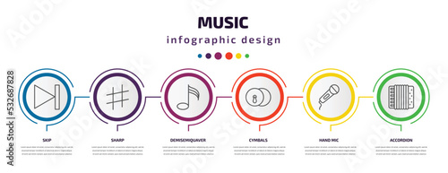 music infographic template with icons and 6 step or option. music icons such as skip, sharp, demisemiquaver, cymbals, hand mic, accordion vector. can be used for banner, info graph, web,