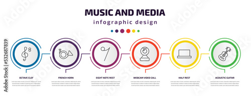 music and media infographic template with icons and 6 step or option. music and media icons such as octave clef, french horn, eight note rest, webcam video call, half rest, acoustic guitar vector.