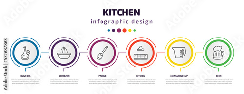 kitchen infographic template with icons and 6 step or option. kitchen icons such as olive oil, squeezer, paddle, kitchen, measuring cup, beer vector. can be used for banner, info graph, web,