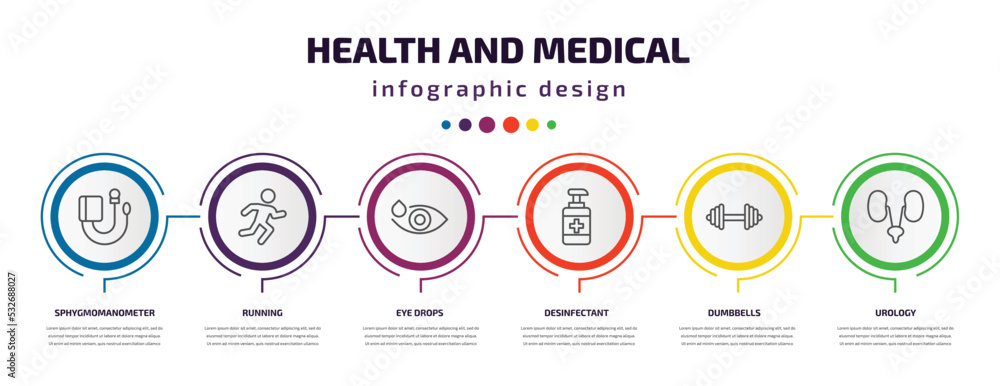 health and medical infographic template with icons and 6 step or option. health and medical icons such as sphygmomanometer, running, eye drops, desinfectant, dumbbells, urology vector. can be used health and medical infographic template with icons and 6 step or option. health and medical icons such as sphygmomanometer, running, eye drops, desinfectant, dumbbells, urology vector. can be used