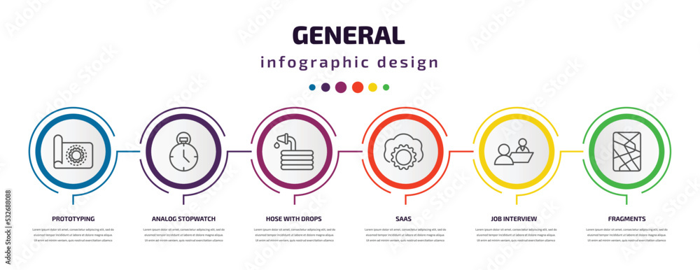 general infographic template with icons and 6 step or option. general icons such as prototyping, analog stopwatch, hose with drops, saas, job interview, fragments vector. can be used for banner, general infographic template with icons and 6 step or option. general icons such as prototyping, analog stopwatch, hose with drops, saas, job interview, fragments vector. can be used for banner,