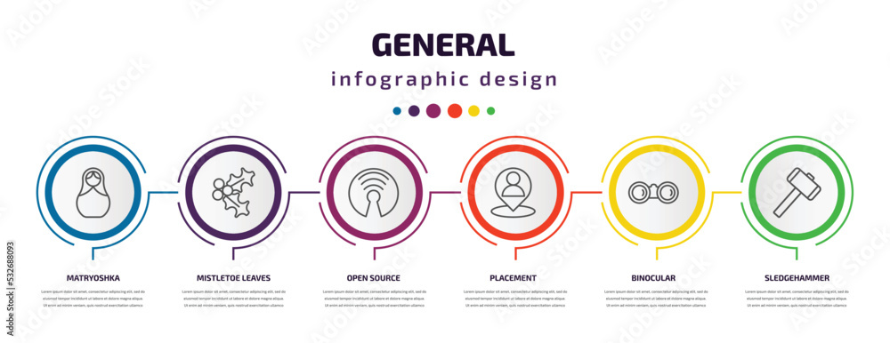general infographic template with icons and 6 step or option. general icons such as matryoshka, mistletoe leaves, open source, placement, binocular, sledgehammer vector. can be used for banner, info general infographic template with icons and 6 step or option. general icons such as matryoshka, mistletoe leaves, open source, placement, binocular, sledgehammer vector. can be used for banner, info