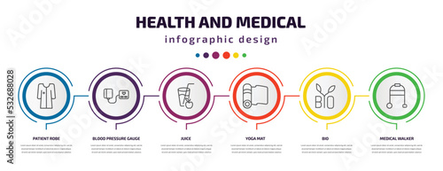 health and medical infographic template with icons and 6 step or option. health and medical icons such as patient robe, blood pressure gauge, juice, yoga mat, bio, medical walker vector. can be used