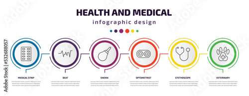 health and medical infographic template with icons and 6 step or option. health and medical icons such as medical strip, beat, enema, optometrist, stethoscope, veterinary vector. can be used for