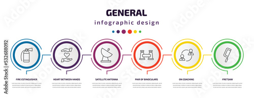 general infographic template with icons and 6 step or option. general icons such as fire estinguisher, heart between hands, satellite antenna, pair of binoculars, on coaching, fretsaw vector. can be