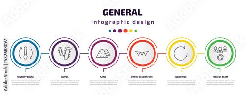 general infographic template with icons and 6 step or option. general icons such as history brush, dyupel, sand, party decoration, clockwise, project team vector. can be used for banner, info graph,