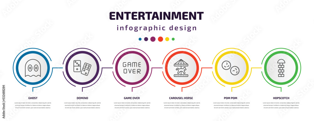 entertainment infographic template with icons and 6 step or option. entertainment icons such as ghost, domino, game over, carousel horse, pom pom, hopscotch vector. can be used for banner, info entertainment infographic template with icons and 6 step or option. entertainment icons such as ghost, domino, game over, carousel horse, pom pom, hopscotch vector. can be used for banner, info