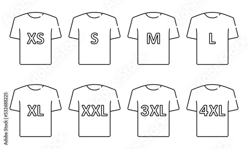 T-shirt Size Icon Set. Man or woman Shirt. Clothing Size Label or Tag Pictogram. Size From XS to 4XL. Editable Stroke. Vector Isolated Illustration