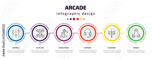 arcade infographic template with icons and 6 step or option. arcade icons such as controls, tic tac toe, whack a mole, earphone, childhood, spinner vector. can be used for banner, info graph, web,
