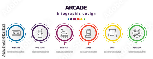 arcade infographic template with icons and 6 step or option. arcade icons such as music tape, voice acting, swan boat, arcade, swing, poker chip vector. can be used for banner, info graph, web,