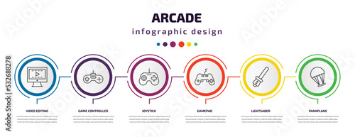 arcade infographic template with icons and 6 step or option. arcade icons such as video editing, game controller, joystick, gamepad, lightsaber, paraplane vector. can be used for banner, info graph,