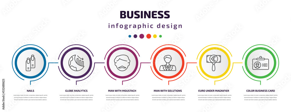 business infographic template with icons and 6 step or option. business icons such as nails, globe analytics, man with moustach, man with solutions, euro under magnifier, color business card vector. business infographic template with icons and 6 step or option. business icons such as nails, globe analytics, man with moustach, man with solutions, euro under magnifier, color business card vector.