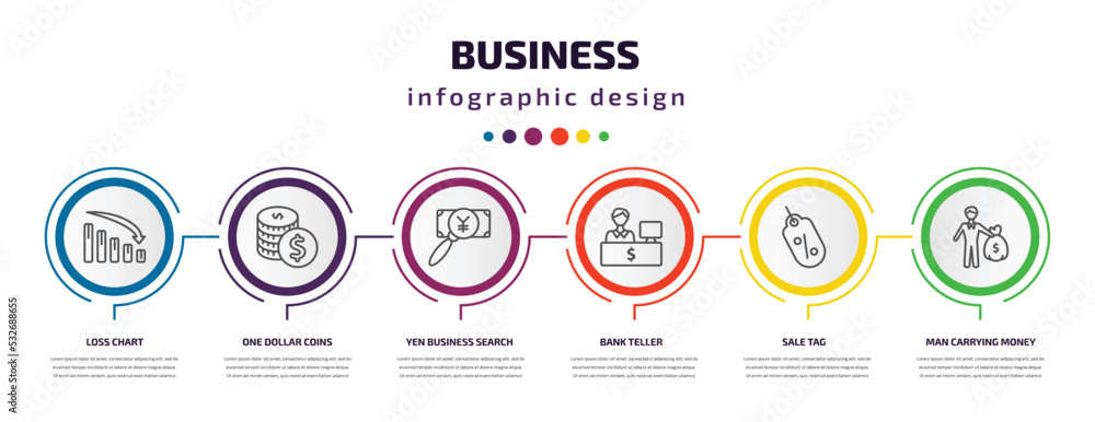 business infographic template with icons and 6 step or option. business icons such as loss chart, one dollar coins, yen business search, bank teller, sale tag, man carrying money vector. can be used business infographic template with icons and 6 step or option. business icons such as loss chart, one dollar coins, yen business search, bank teller, sale tag, man carrying money vector. can be used