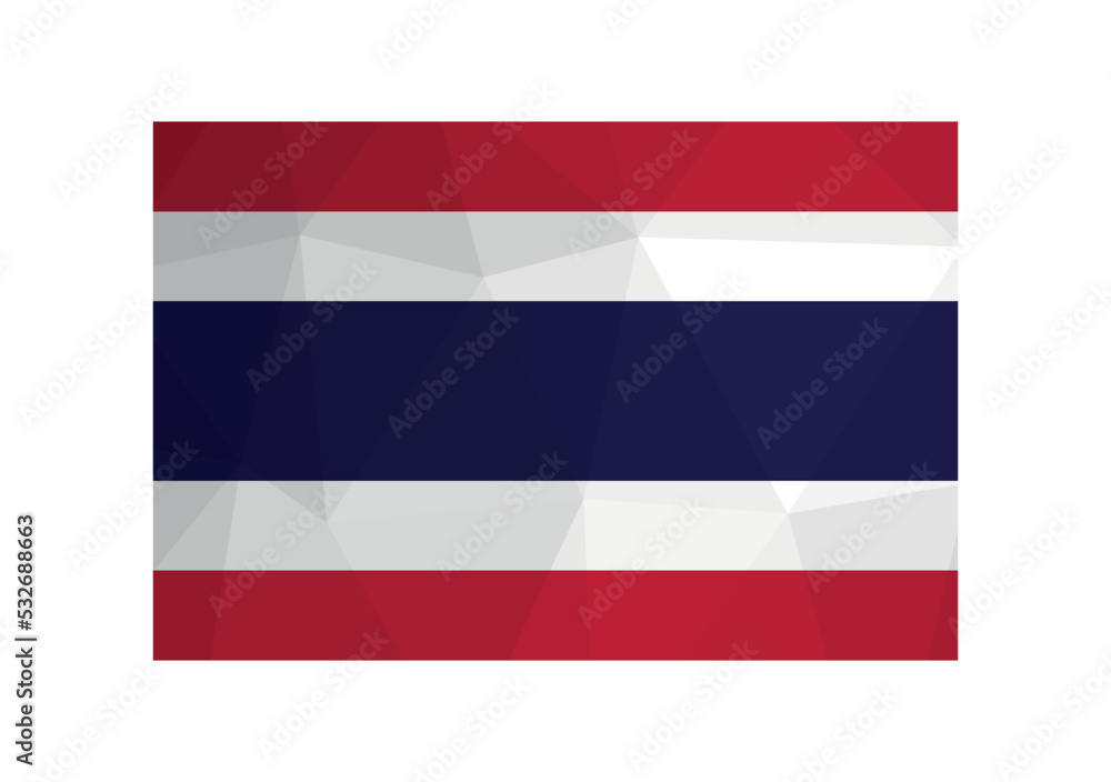 Vector illustration. Official ensign of Thailand. National Siam flag with red, white, blue stripes. Creative design in low poly style with triangular shapes.