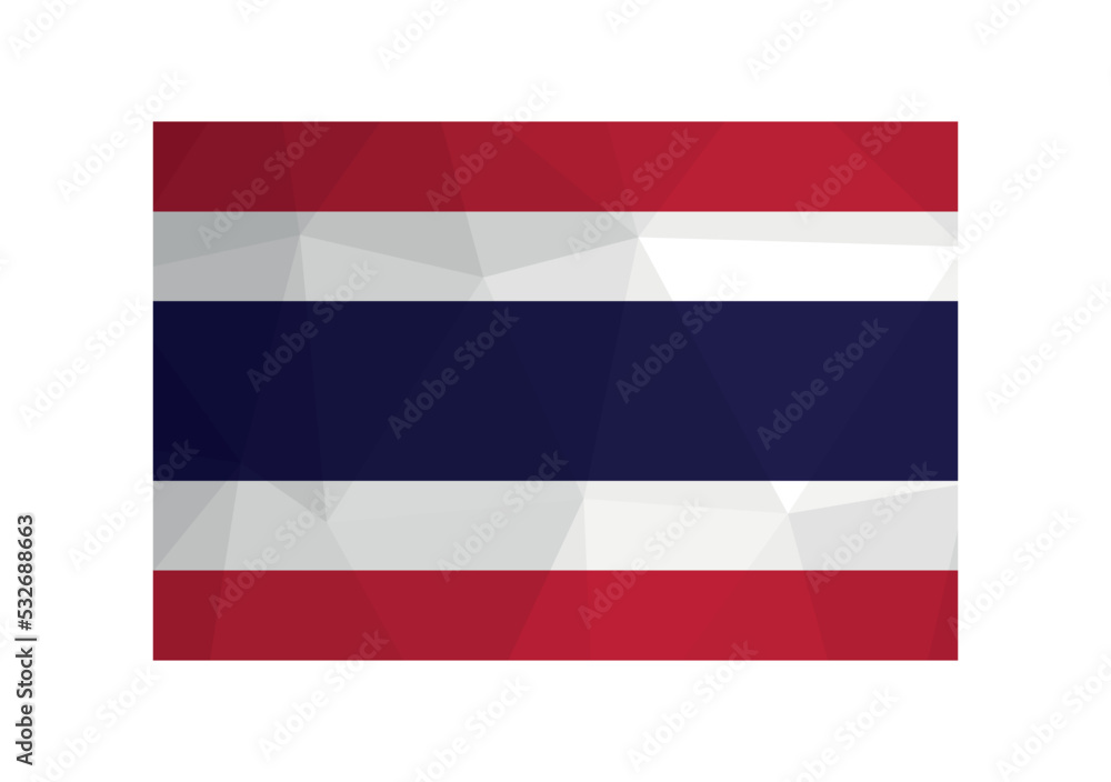 Vector illustration. Official ensign of Thailand. National Siam flag with red, white, blue stripes. Creative design in low poly style with triangular shapes. Vector illustration. Official ensign of Thailand. National Siam flag with red, white, blue stripes. Creative design in low poly style with triangular shapes.