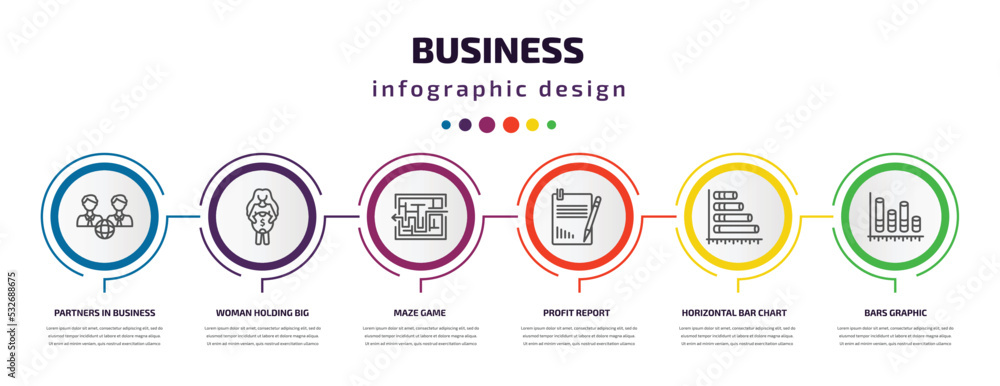 business infographic template with icons and 6 step or option. business icons such as partners in business, woman holding big coin, maze game, profit report, horizontal bar chart, bars graphic