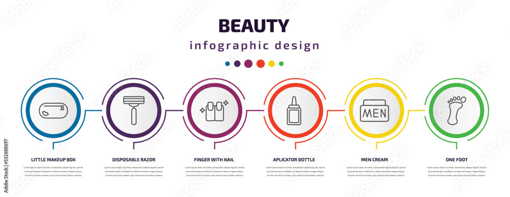 beauty infographic template with icons and 6 step or option. beauty icons such as little makeup box, disposable razor, finger with nail, aplicator bottle, men cream, one foot vector. can be used for beauty infographic template with icons and 6 step or option. beauty icons such as little makeup box, disposable razor, finger with nail, aplicator bottle, men cream, one foot vector. can be used for
