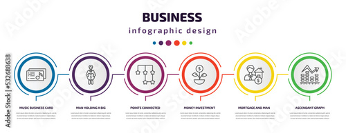 business infographic template with icons and 6 step or option. business icons such as music business card, man holding a big coin, points connected chart, money investment, mortgage and man,