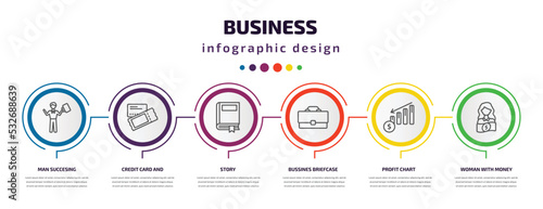 business infographic template with icons and 6 step or option. business icons such as man succesing, credit card and ticket, story, bussines briefcase, profit chart, woman with money vector. can be