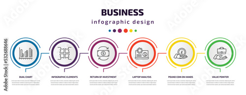 business infographic template with icons and 6 step or option. business icons such as dual chart, infographic elements, return of investment, laptop analysis, pound coin on hands, value pointer