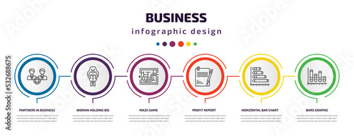 business infographic template with icons and 6 step or option. business icons such as partners in business, woman holding big coin, maze game, profit report, horizontal bar chart, bars graphic