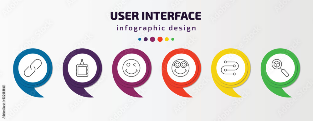 user interface infographic template with icons and 6 step or option. user interface icons such as images interface, image with frame, winking smile, nerd smile, wiring, tracking vector. can be used user interface infographic template with icons and 6 step or option. user interface icons such as images interface, image with frame, winking smile, nerd smile, wiring, tracking vector. can be used