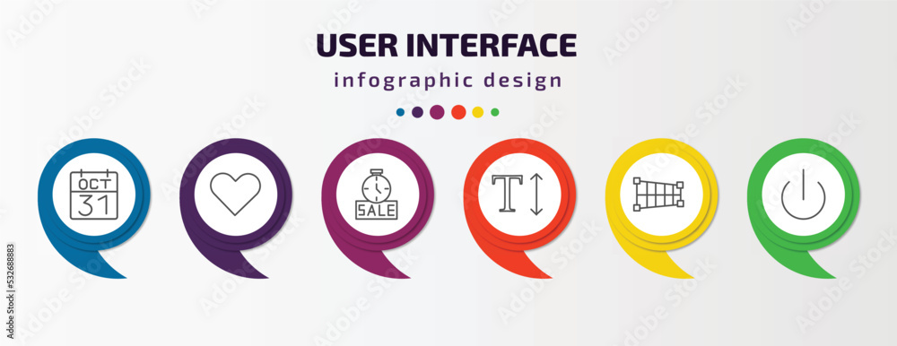 user interface infographic template with icons and 6 step or option. user interface icons such as octuber 31, hearth, sale time, text height, crop perspective, turn off vector. can be used for user interface infographic template with icons and 6 step or option. user interface icons such as octuber 31, hearth, sale time, text height, crop perspective, turn off vector. can be used for